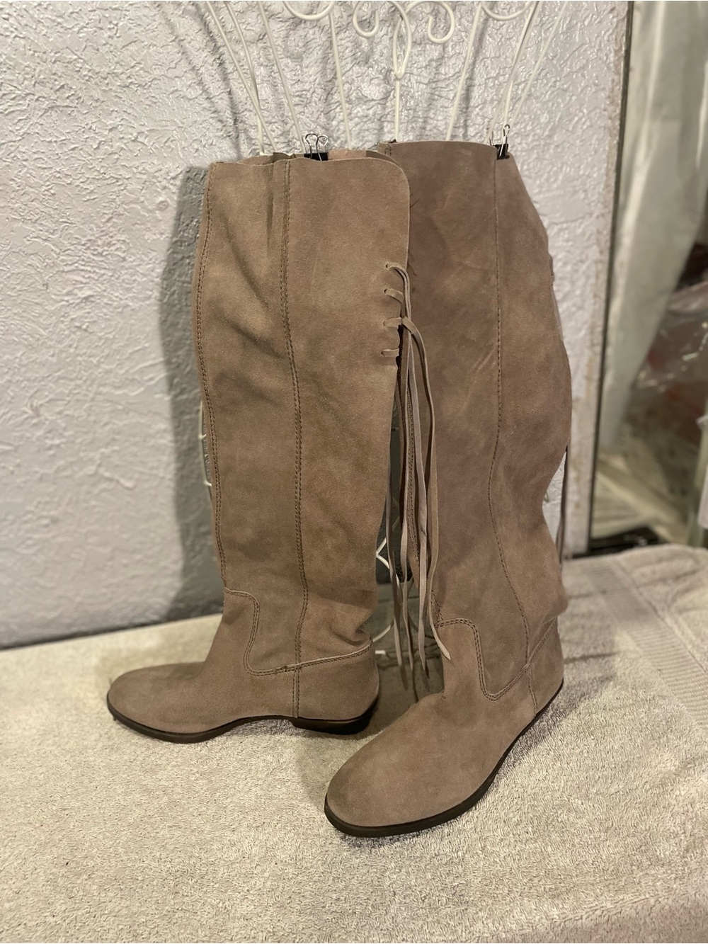 Nine West Taupe Suede Over-the-Knee Fringe Boots